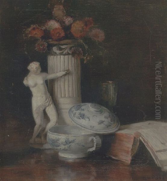 Opstilling Med Lagskal Bog, Statuette Samt Piedestal Med Violette Blomster Oil Painting by Carl Vilhelm Holsoe