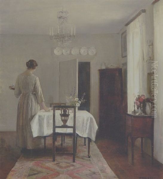 Kunstnerens Hustru Daekker Bordet Oil Painting by Carl Vilhelm Holsoe