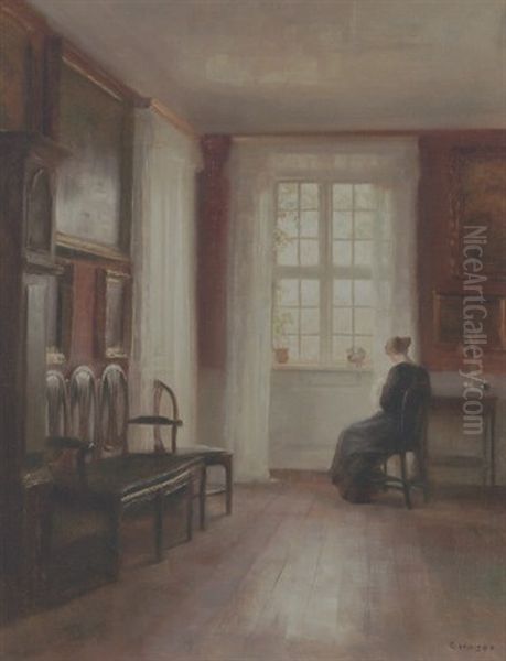 Interior Med Syende Kvinde Ved Vinduet Oil Painting by Carl Vilhelm Holsoe