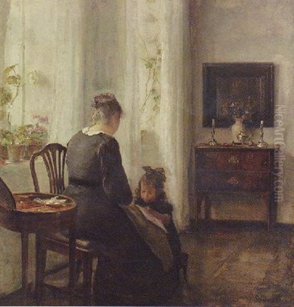 Mor Og Barn Ved Et Vindue Oil Painting by Carl Vilhelm Holsoe