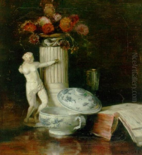 Opstilling Med Lagskal, Bog, Statuette Samt Piedestal Hvorpa Violette Blomster by Carl Vilhelm Holsoe