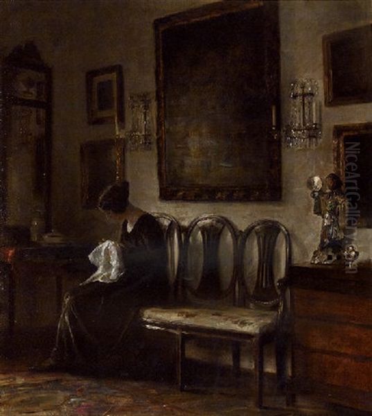 A Lady Sewing In An Interior Oil Painting by Carl Vilhelm Holsoe