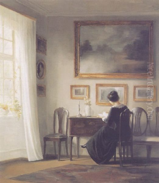 Interior Med Kvinde Oil Painting by Carl Vilhelm Holsoe