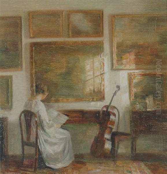 Interior Med Kvinde I Hvidt, Ved Bord Med Cello Oil Painting by Carl Vilhelm Holsoe