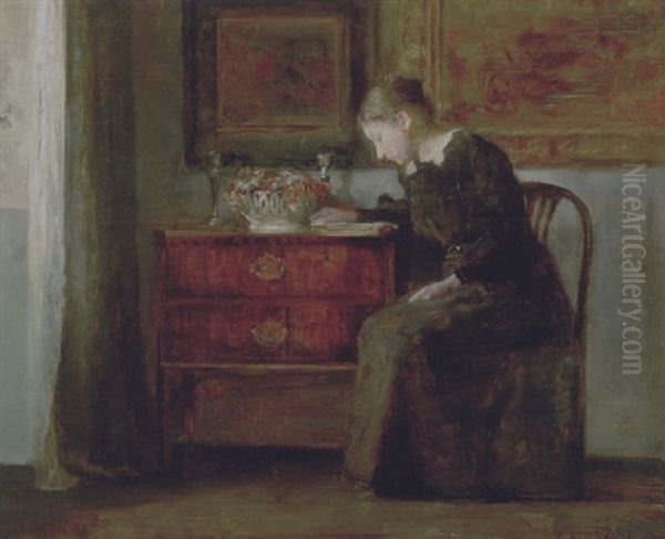 Interior Med Kunstnerens Hustru Laesende I En Bog Ved Vinduet by Carl Vilhelm Holsoe