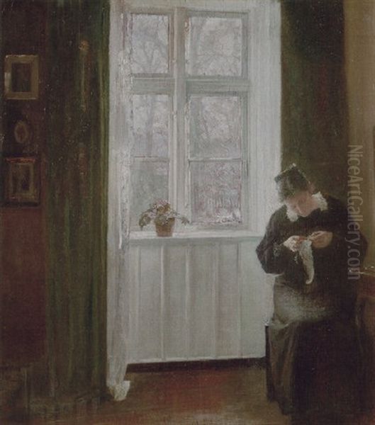 Interior Med Kunstnerens Hustru Med Sytojet Ved Vinduet Oil Painting by Carl Vilhelm Holsoe