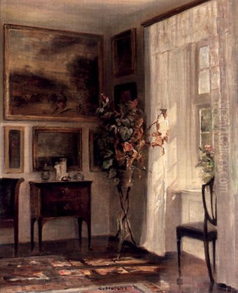 Interior Med Rosa Blomster Oil Painting by Carl Vilhelm Holsoe