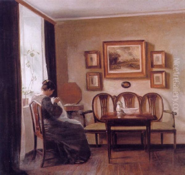 Interior Med Broderende Dame Ved Vinduet Oil Painting by Carl Vilhelm Holsoe