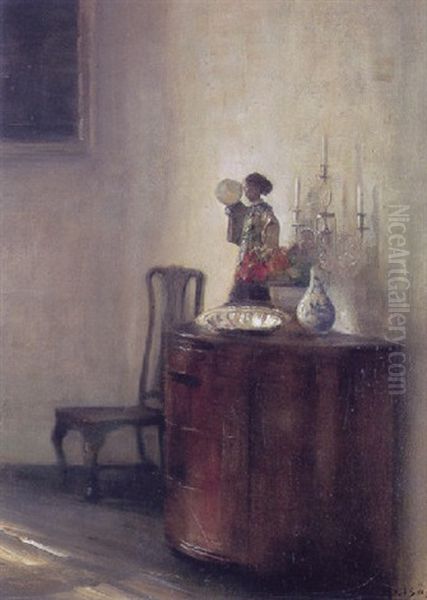 Interior Med Kommode Med Solvfad Og Japansk Porcelaensfigur Oil Painting by Carl Vilhelm Holsoe