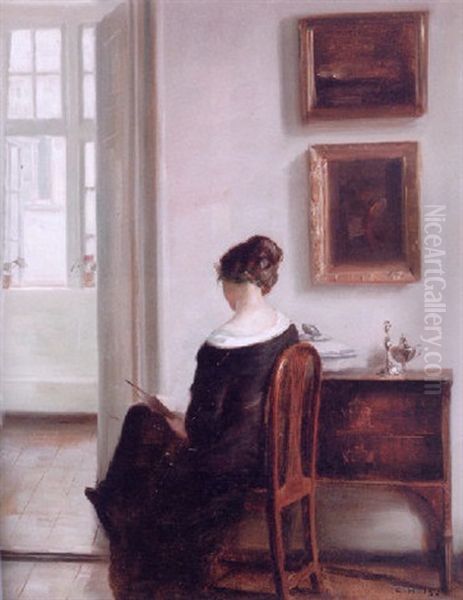 Interior Med Kunstnerens Hustru Laesende Naer Det Abentstaende Vindue Oil Painting by Carl Vilhelm Holsoe