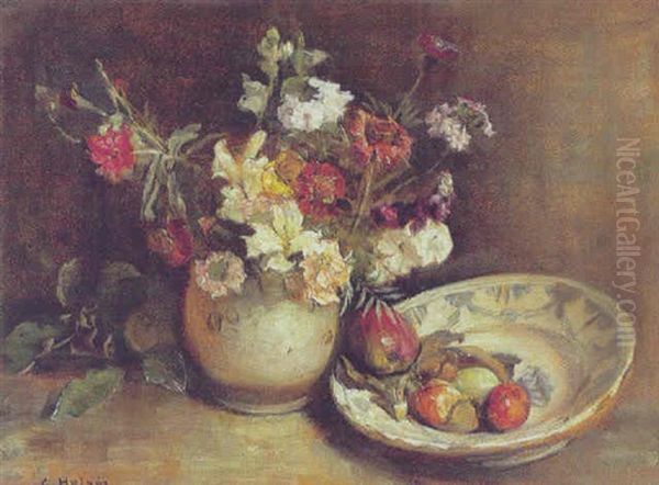 Opstilling Med Blomster I En Krukke Og Frugter I En Skal Oil Painting by Carl Vilhelm Holsoe