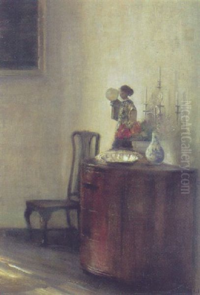 Interior Med Kommode Med Solvfad Og Japansk Porcelaensfigur Oil Painting by Carl Vilhelm Holsoe