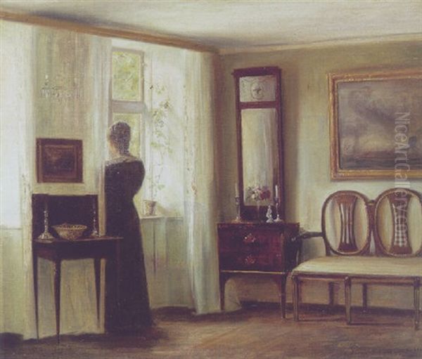 Interior Med Kvinde Ved Vinduet Oil Painting by Carl Vilhelm Holsoe