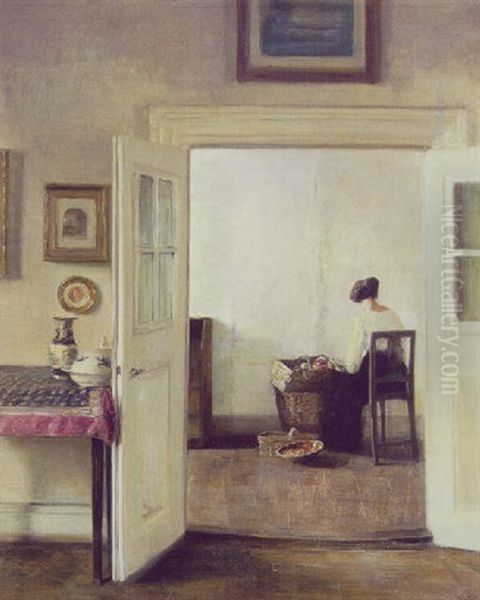 Interior Med Kig Ind I En Stue, Hvor En Dame Skraeller Aebler Oil Painting by Carl Vilhelm Holsoe