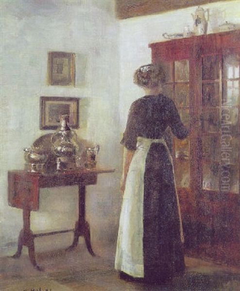 Den Unge Pige Med Hvidt Forklaede Staende Ved Daekketojsskabet Oil Painting by Carl Vilhelm Holsoe