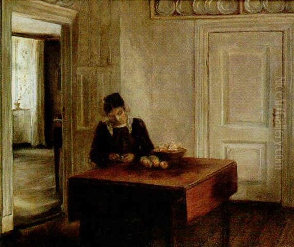 Peeling Fruits In An Interior Oil Painting by Carl Vilhelm Holsoe