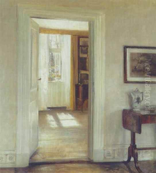 Interior Med Solskin Gennem Lette Gardiner Oil Painting by Carl Vilhelm Holsoe