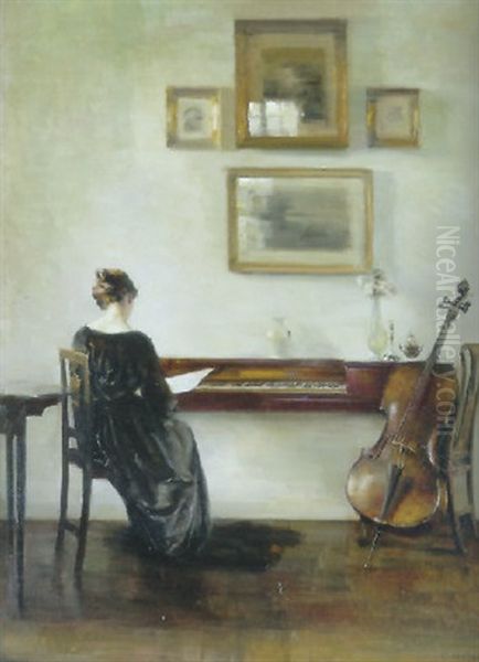 Interior Med Dame Ved Spinet Samt Cello Oil Painting by Carl Vilhelm Holsoe