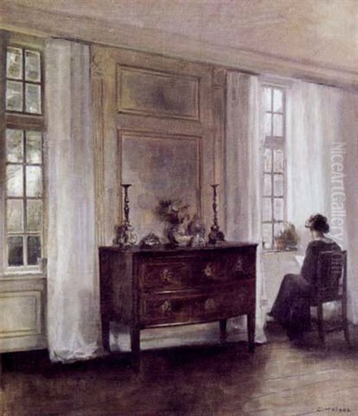 Interior Med Laesende Kvinde Ved Vinduet Oil Painting by Carl Vilhelm Holsoe