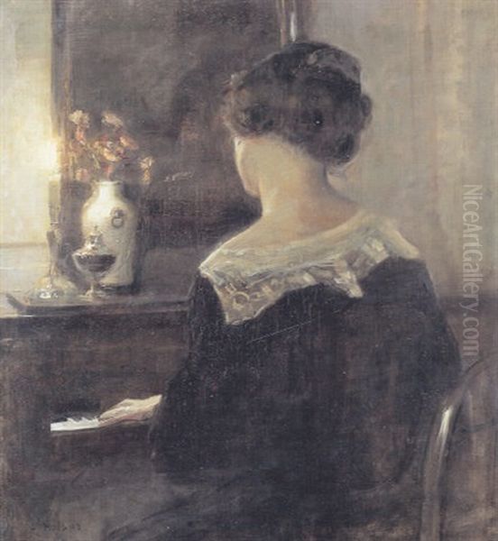 Rygvendt Kvinde Siddende Ved Klaveret Oil Painting by Carl Vilhelm Holsoe