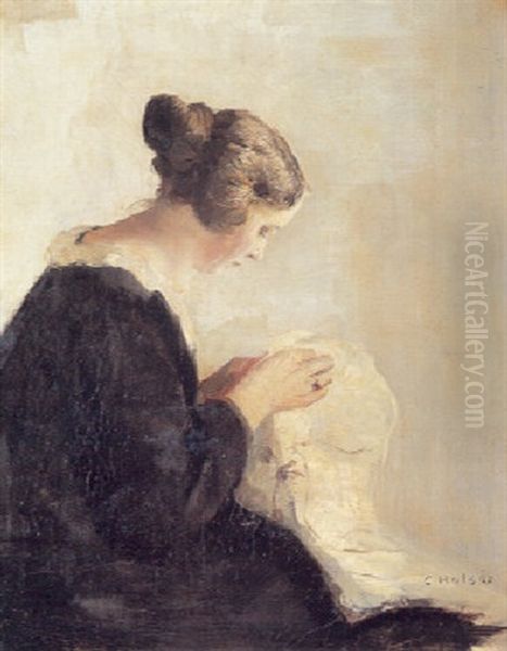 Syende Ung Pige Oil Painting by Carl Vilhelm Holsoe