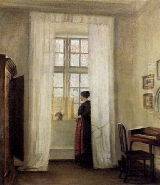 Interior Med Dame, Der Star Ved Vinduet Oil Painting by Carl Vilhelm Holsoe