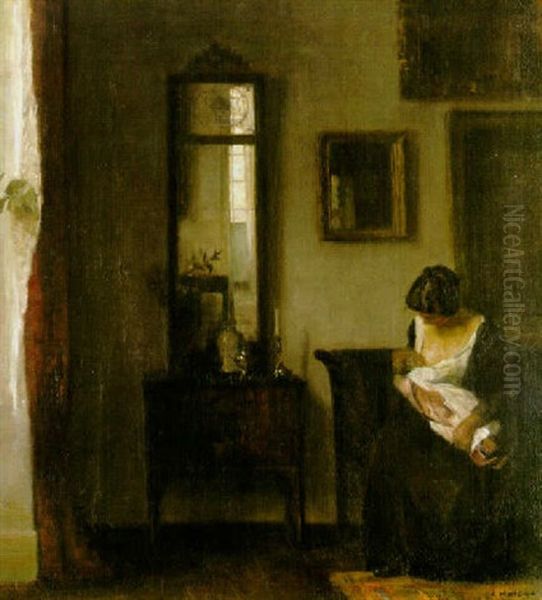 Interior Med Mor Och Barn Oil Painting by Carl Vilhelm Holsoe