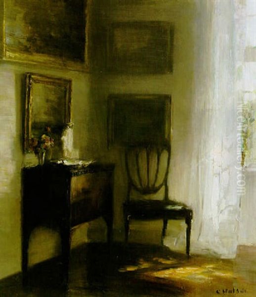 Interior Med Solbelyst Gardin Oil Painting by Carl Vilhelm Holsoe