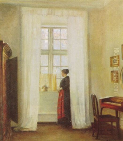 Interior Med Ung Pige Ved Vinduet Oil Painting by Carl Vilhelm Holsoe