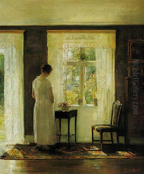 Interior With A Young Woman Oil Painting by Carl Vilhelm Holsoe