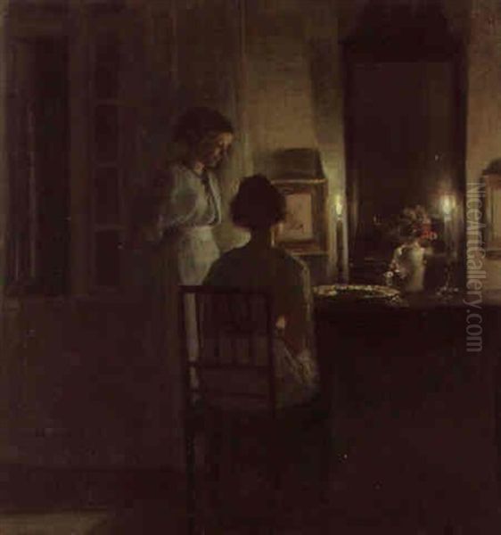 Women In A Candle-lit Interior Oil Painting by Carl Vilhelm Holsoe