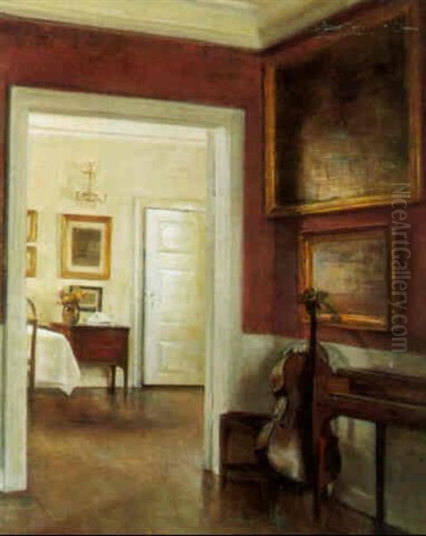 Interior Fra En Stue Med Cello Op Ad Vaeggen Oil Painting by Carl Vilhelm Holsoe