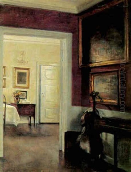 Interior Fra En Stue Med Cello Op Ad Vaeggen, Abning Ind Til Spisestue Oil Painting by Carl Vilhelm Holsoe