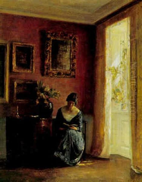 Interior Med Kvinde Laesende Ved Vinduet Oil Painting by Carl Vilhelm Holsoe