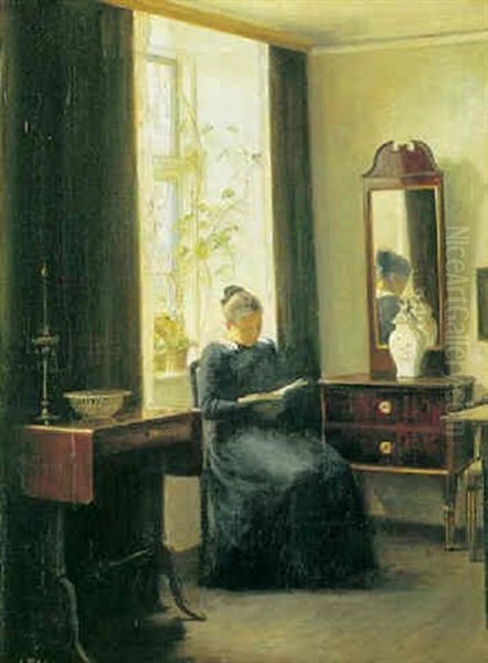 Klassisk Dansk Empire Interior Med Ung Laesende Pige Oil Painting by Carl Vilhelm Holsoe