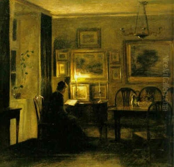 Interior Med Lasande Dam Oil Painting by Carl Vilhelm Holsoe