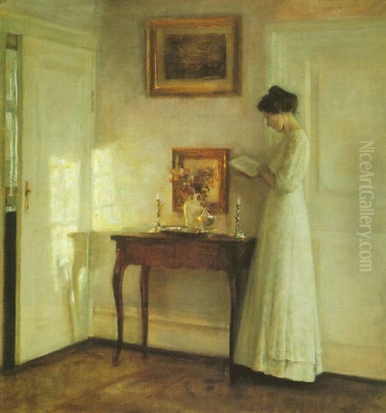 A Lady Reading In An Interior Oil Painting by Carl Vilhelm Holsoe