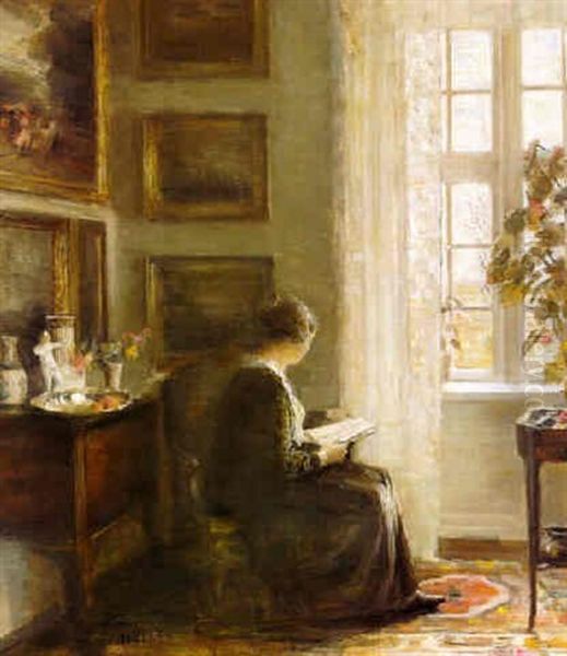 Reading By A Sunny Window Oil Painting by Carl Vilhelm Holsoe