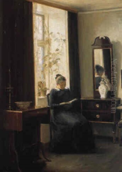 Klassisk Dansk Empire Interior Med Ung L+sende Pige Oil Painting by Carl Vilhelm Holsoe