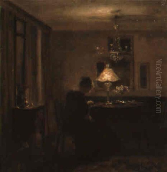 Handarbetande Kvinna Vid Aftonlampa Oil Painting by Carl Vilhelm Holsoe