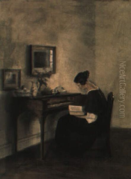 Interior Med Lasande Kvinna Vid Spinett Oil Painting by Carl Vilhelm Holsoe