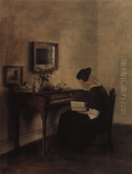 Interior Med Ung Dame L+sende Ved Spinettet Oil Painting by Carl Vilhelm Holsoe