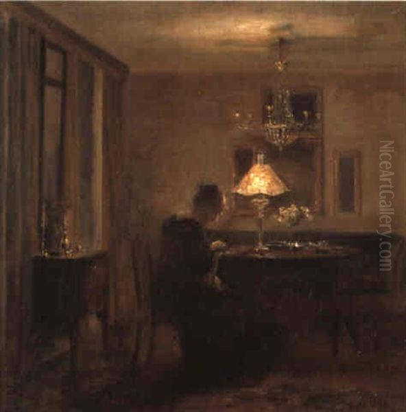 Interior Med Dame Der Broderer Ved Lampelys Oil Painting by Carl Vilhelm Holsoe