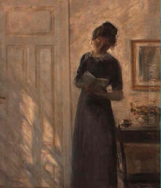 Interior Med L+sende Pige Oil Painting by Carl Vilhelm Holsoe