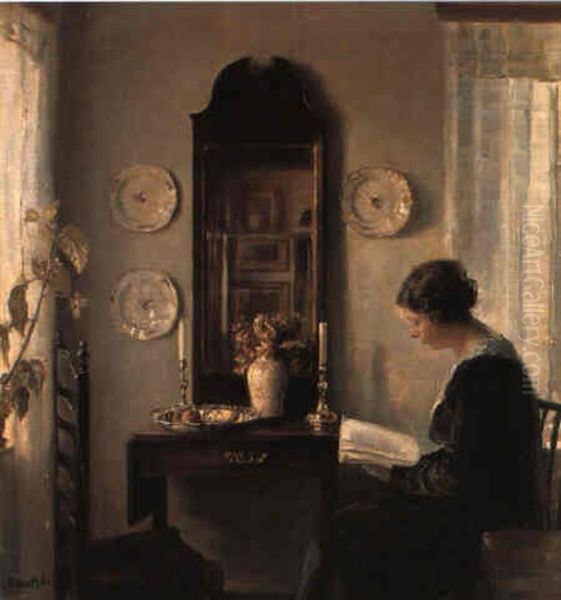 Interior Med L+sende Dame Foran Et Konsolbord Oil Painting by Carl Vilhelm Holsoe