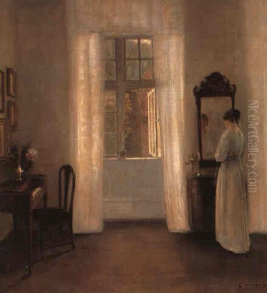 Interior Med Kunstnerens Hustru Foran Spejlet Oil Painting by Carl Vilhelm Holsoe