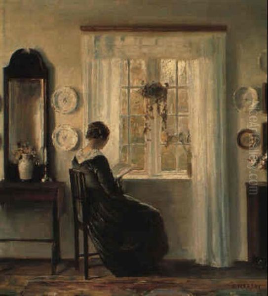 Interior Med L+sende Dame Ved Vinduet Oil Painting by Carl Vilhelm Holsoe