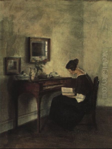 Interior Med Ung L+sende Kvinde Ved Klaveret Oil Painting by Carl Vilhelm Holsoe