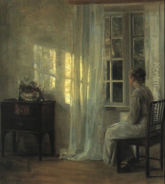 Interieur Med Kvinde I Hvid Kjole Siddende Ved Vindue Oil Painting by Carl Vilhelm Holsoe