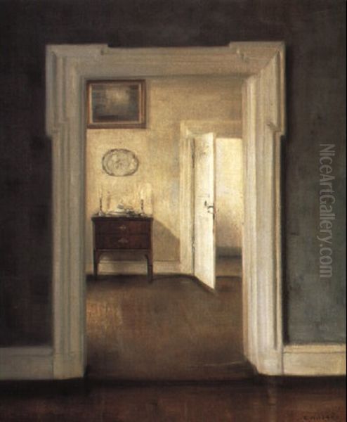 Kig Gennem En D+r Til En Stue Med Kommode, Fad Og Kobberstik Oil Painting by Carl Vilhelm Holsoe